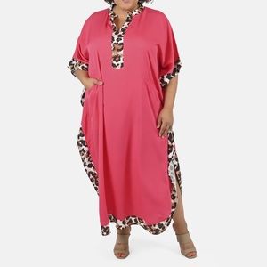 CROCKET RED LEOPARD PRINT MIX POCKETS FULL LENGTH CAFTAN DRESS COVERUP KAFTAN